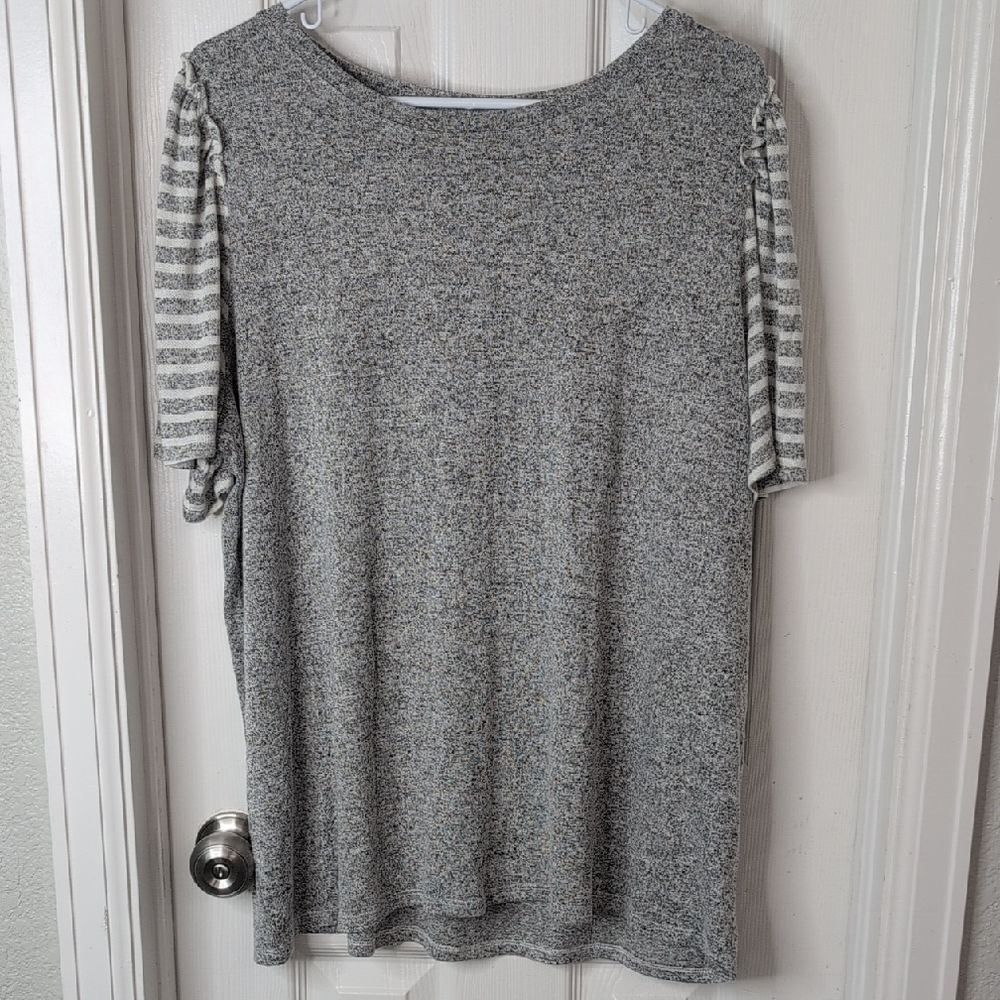 Lane Bryant Gray Striped Sleeve Tee